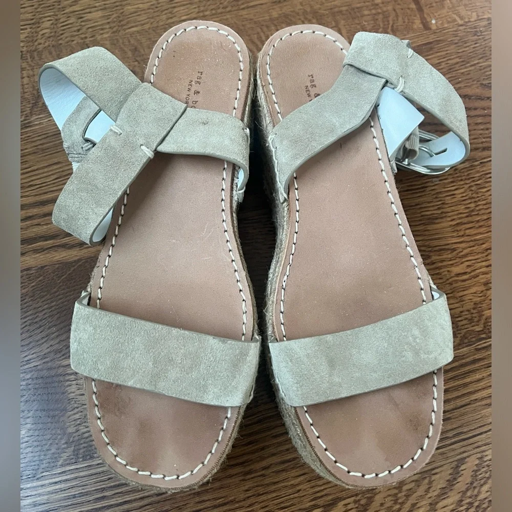 RAG‎ & BONE Ansley Platform Wedge Espadrille Suede Sandals Taupe Leather 37